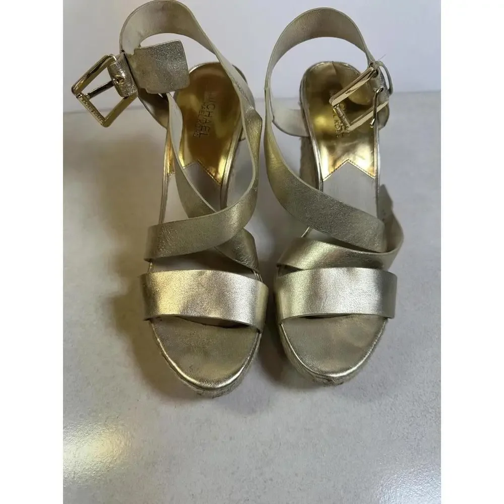 Michael Kors 10M Gold Leather Strappy Espadrille Wedge Sandals